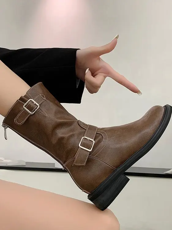 

Женские ковбойские сапоги в стиле ретро с пряжкой, новые 2026 года, коричневые, короткие, из мягкой кожи, до середины икры, на толстом каблуке