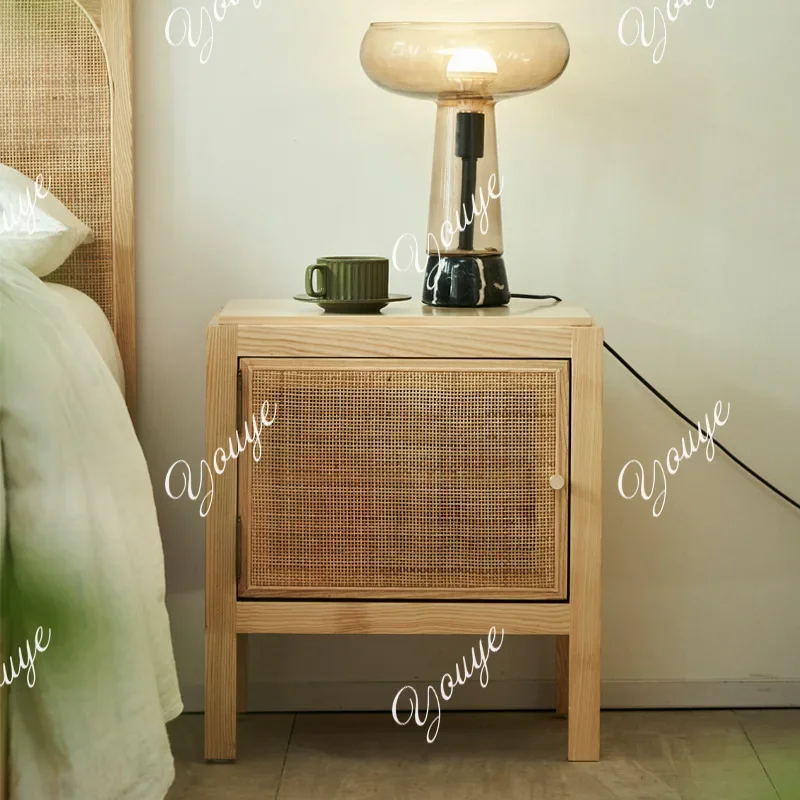 N63 Nordic solid wood bedside table two-layer rattan locker modern simple bedroom furniture log color storage cabinet