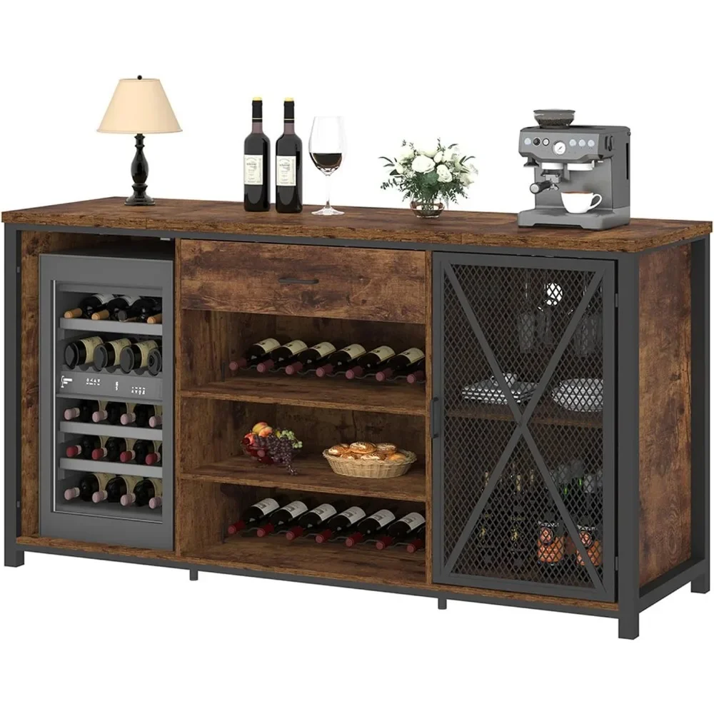 Large Bar Cabinet with Fridge Space, Rustic Long Liquor Cabinet with Drawer Storage, Farmhouse Wood Metal Wine Cabinet