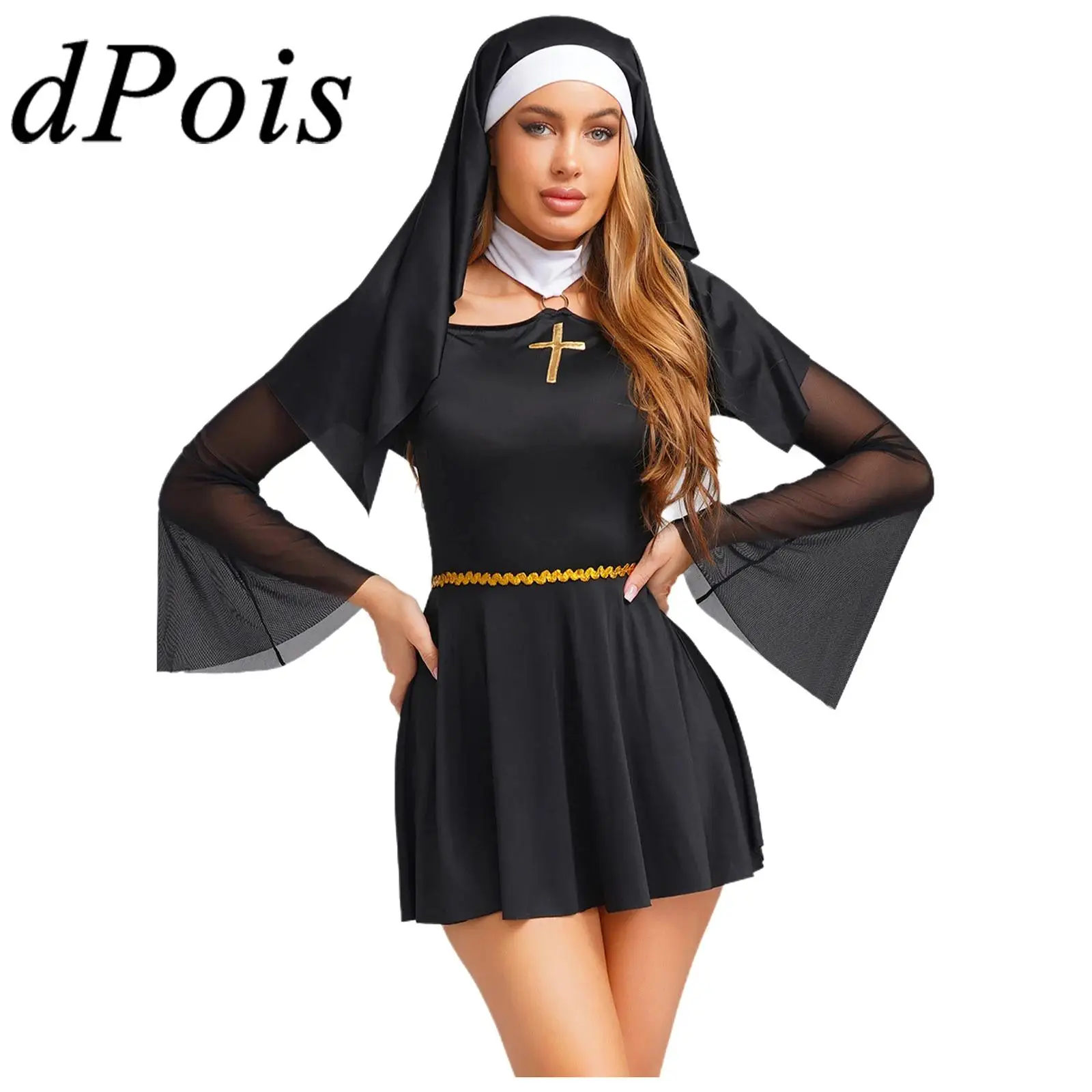 

Womens Masquerade Nun Costumes Naughty Cosplay Nun Dress Dress with Headscarf Church Uniform Stage Show Halloween Party Outfit