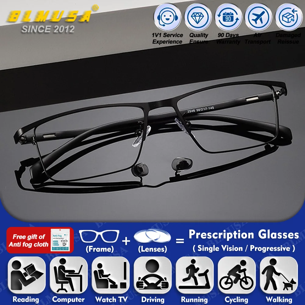 

BLMUSA (L) Pure Titanium Square Oversize Frame Anti-blue Light Reading Glasses for Men Optical Progressive Prescription Eyeware