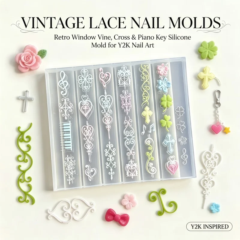 Vintage Fenstergitter-Ranken-Kreuz Y2K Klaviertasten-Nagel-Silikonform, DIY geprägte Charms Nagelkunst-Dekorationsform – Detail 1