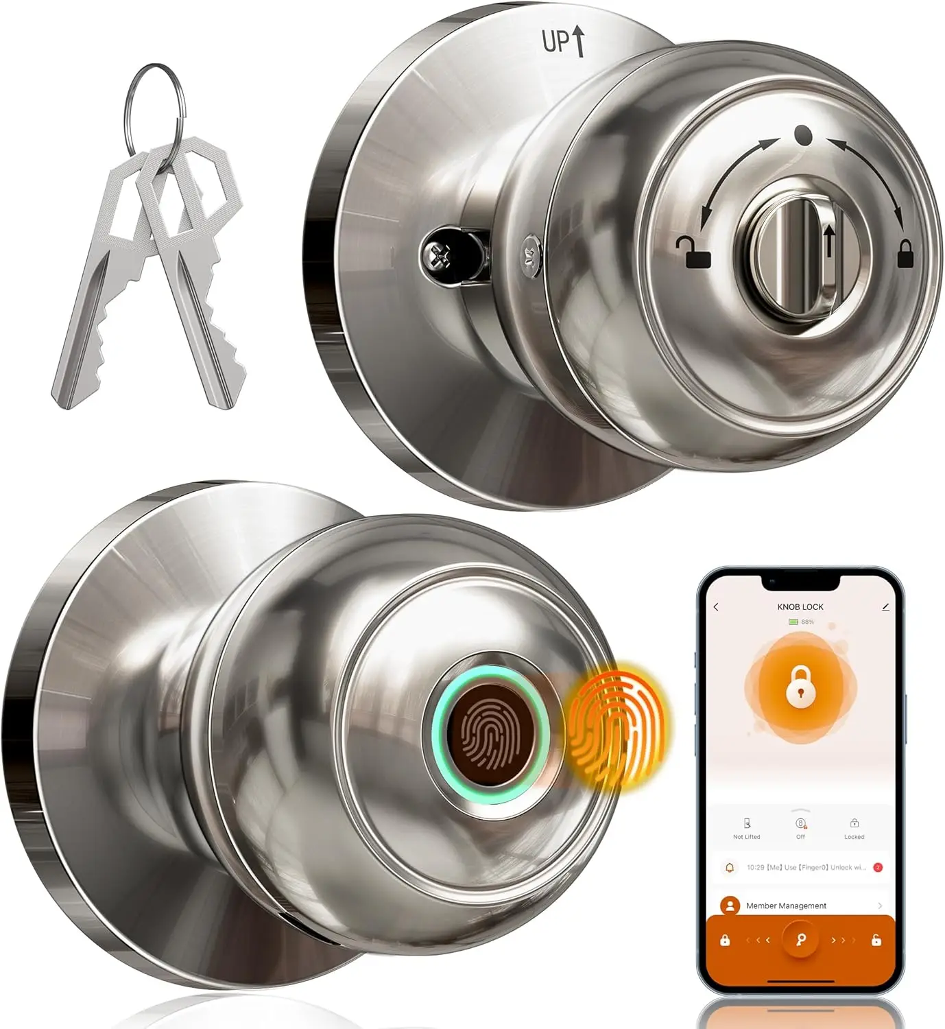 Fingerprint Door Lock, Smart Door Knob with App Control, Biometric Smart Lock for Bedroom Door, Auto Lock, Great