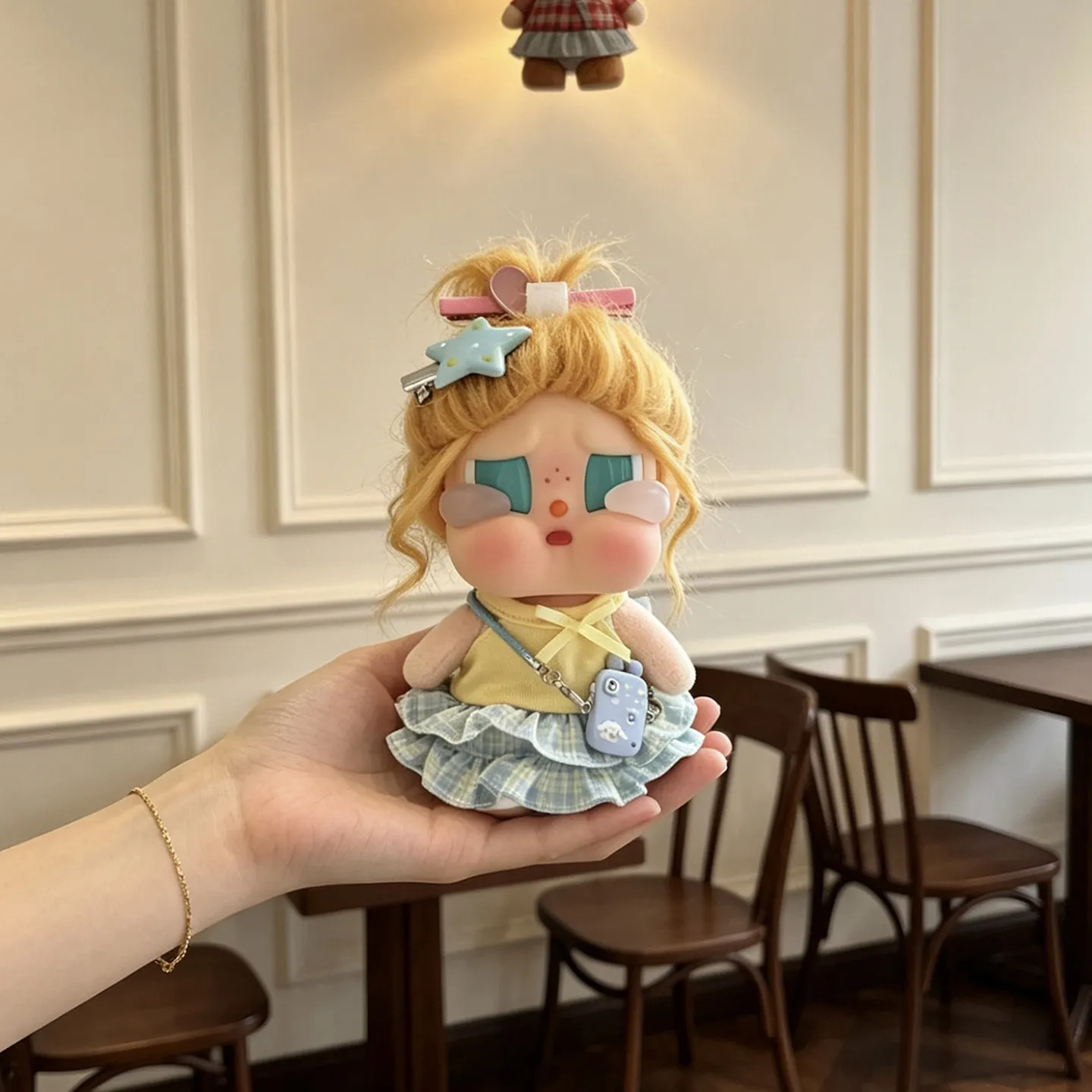 

Crybaby Doll Clothes Summer Vacation Outfit Set Plaid Ruffled Skirt Yellow Top With Mini Crossbody Bag For Mini Vinyl Doll