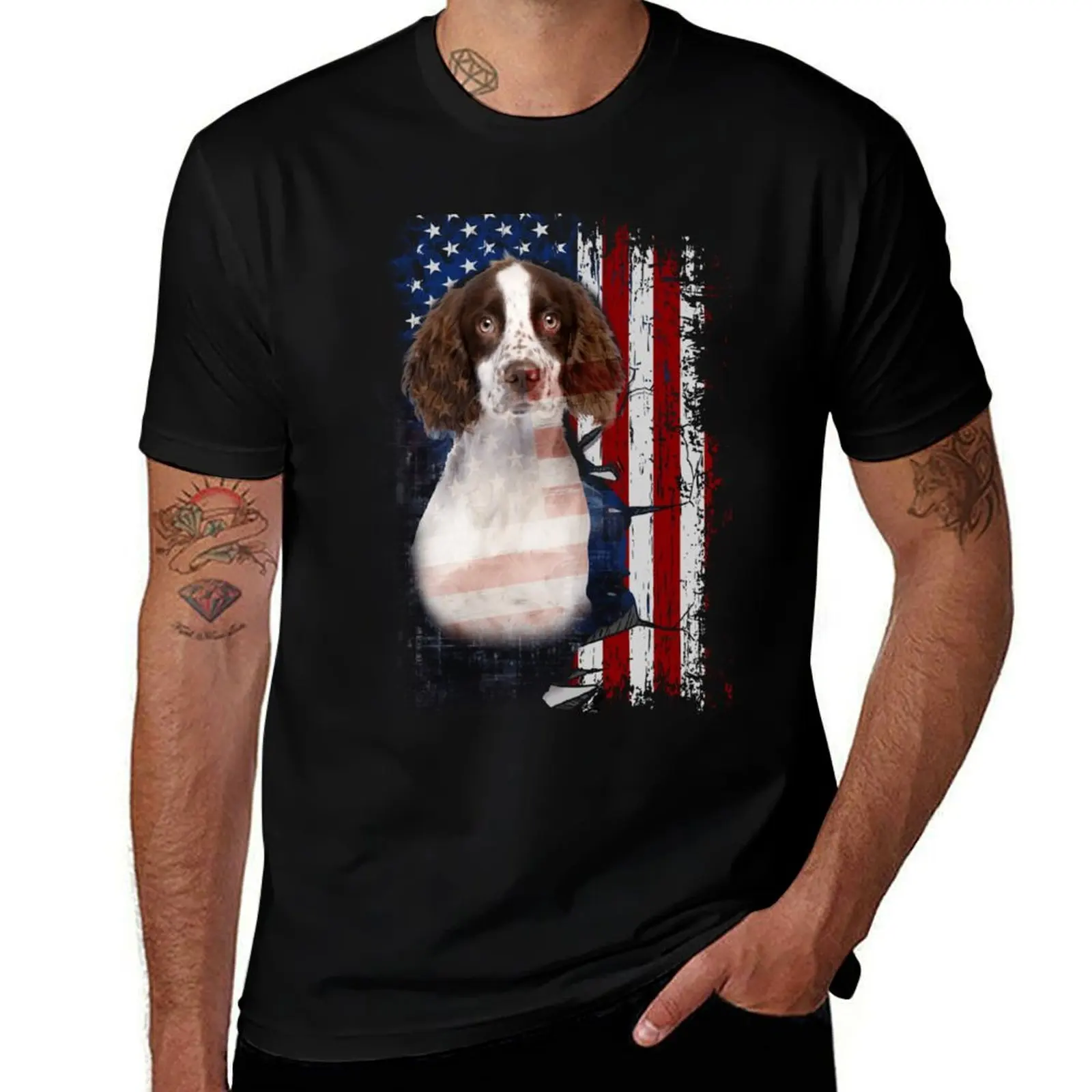 English Springer Spaniel America Flags T-Shirt Work Wear Short Sleeve T-Shirt