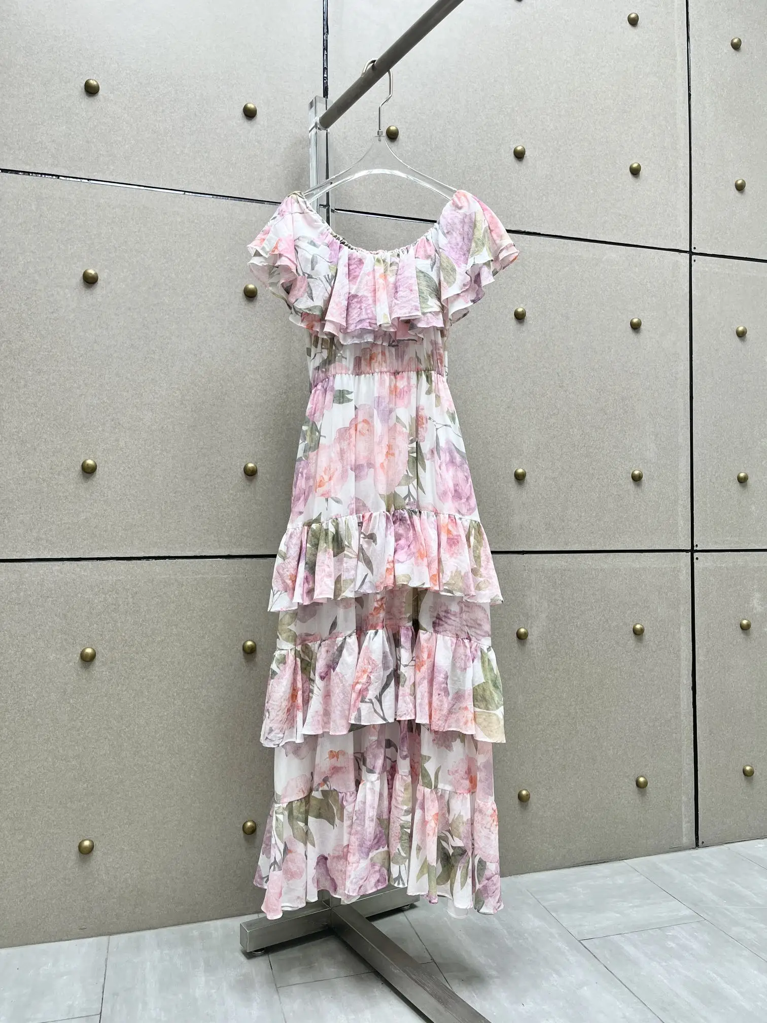 

Womans Elegant Mid Length Dress Floral Print Tiered Cake Skirt Off-the-Shoulder Ruffle Lace Chiffon Skirt with Bateau Neckline