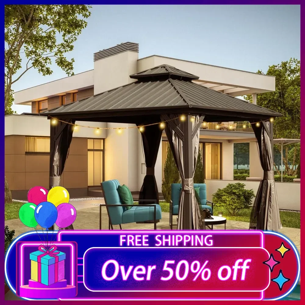 

8x8FT Hardtop Gazebo,Outdoor Gazebo with Galvanized Steel Double Roof Canopy,Curtain and Netting,Metal Pavilion for Patio