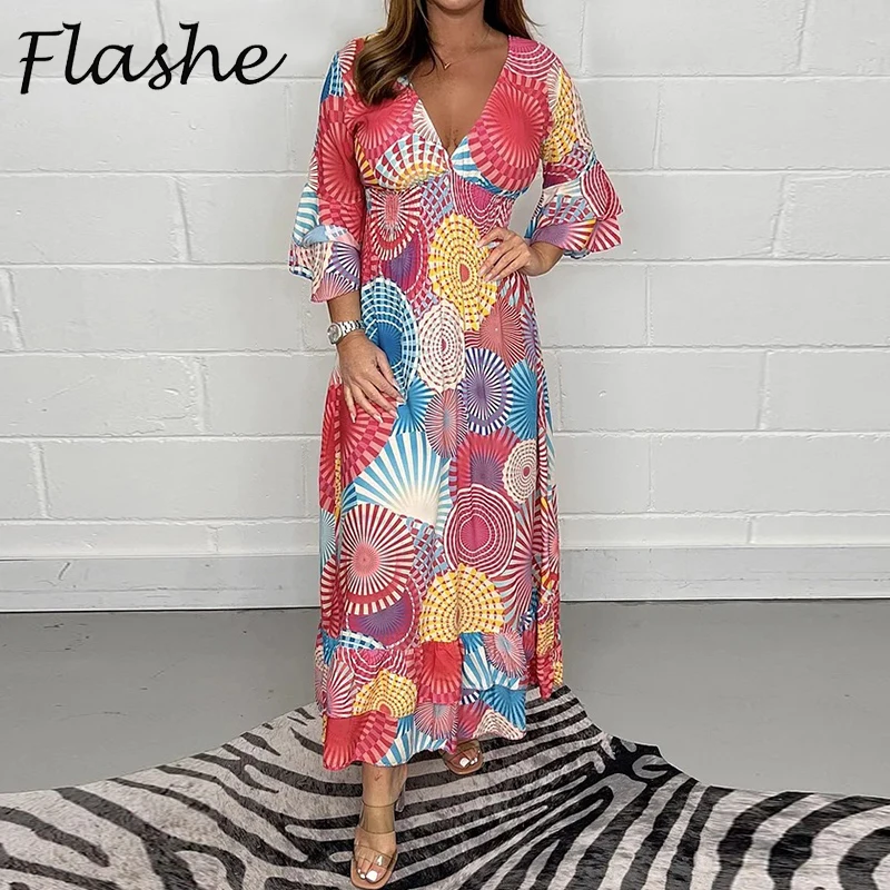 

Fashion Women Long Dress Boho V Neck 3/4 Sleeve Vintage Print Party Dress Women Summer Holiday Beach Dress Boho