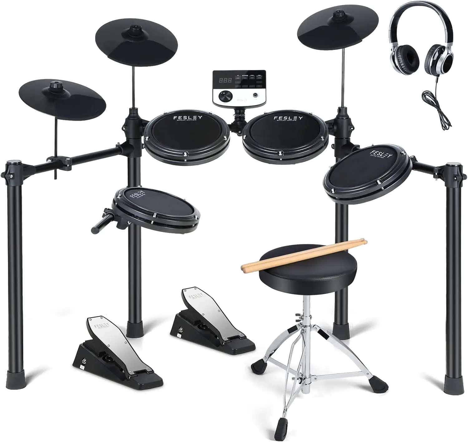 Fesley Electric Drum Set for Beginner: Electronic Drum Set with Dual Area Snare Drum & Quiet Mesh Drum Pads