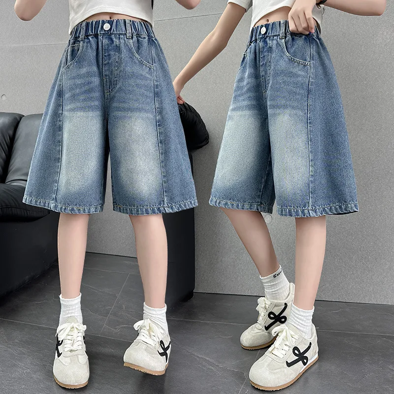 

Girls Denim Shorts Summer Thin Style Teenagers Trendy and Fashionable Curved Knife Pants Children knee-length Mid-length Shorts