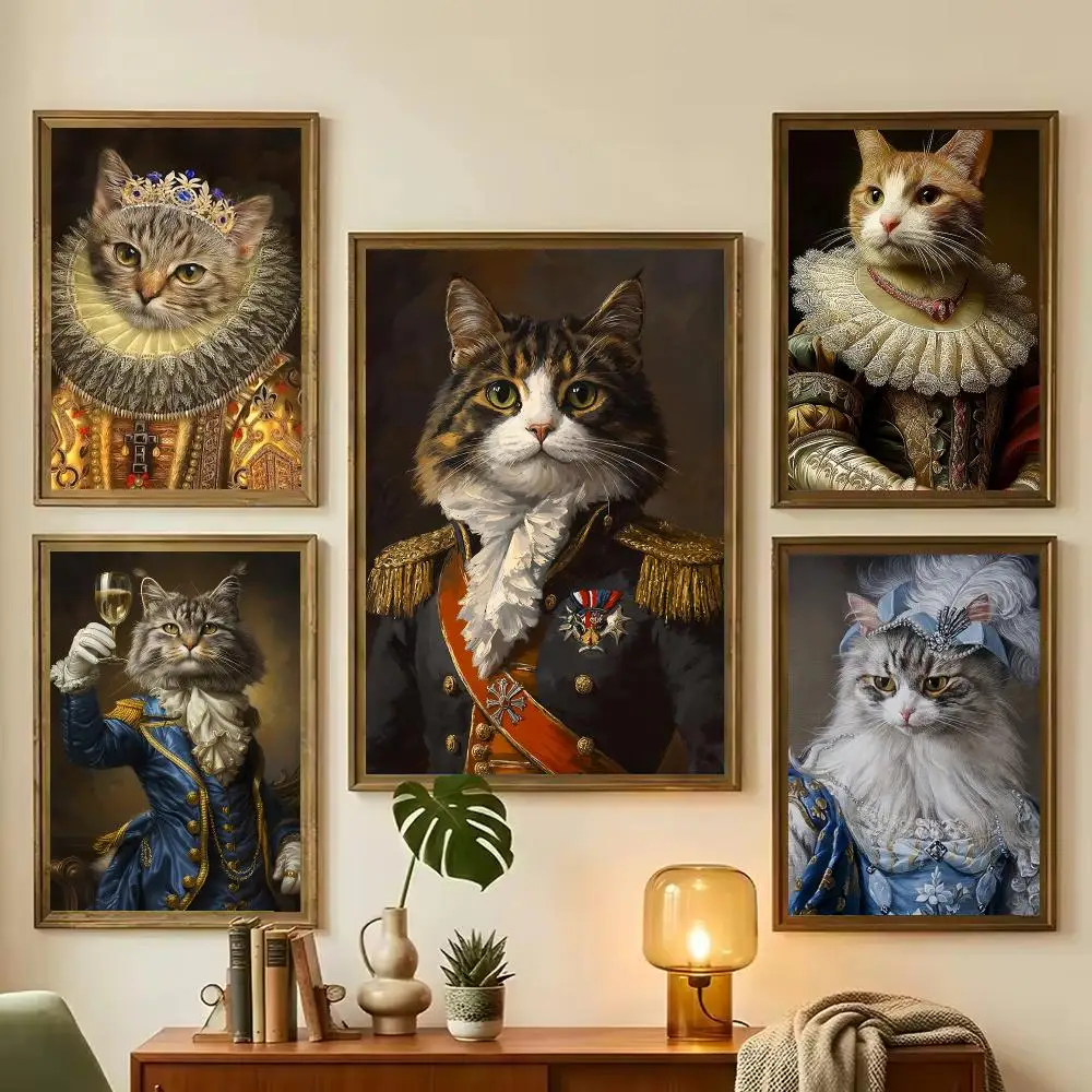 Aristocratic Cat Portraits Painting Calligraphy Stylish Wall Art Poster, Bedroom Living Room Home Decor Gift