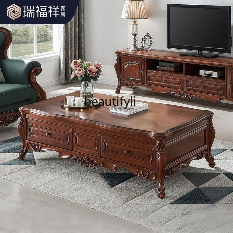 

All solid wood coffee table American living room rectangular four-draw tea table tea table 1.6 meters