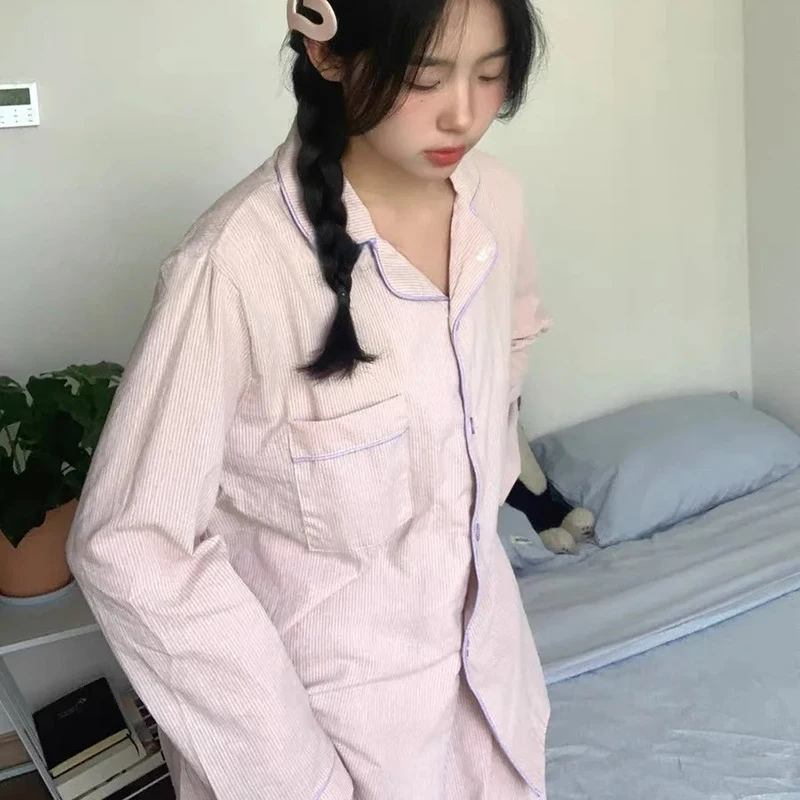 Striped Sleepwear Women Pajama Sets Korean Piiama Pocket Night Wears Autumn Pants Sets 2 Pieces Button Long Sleeve Home Suit New