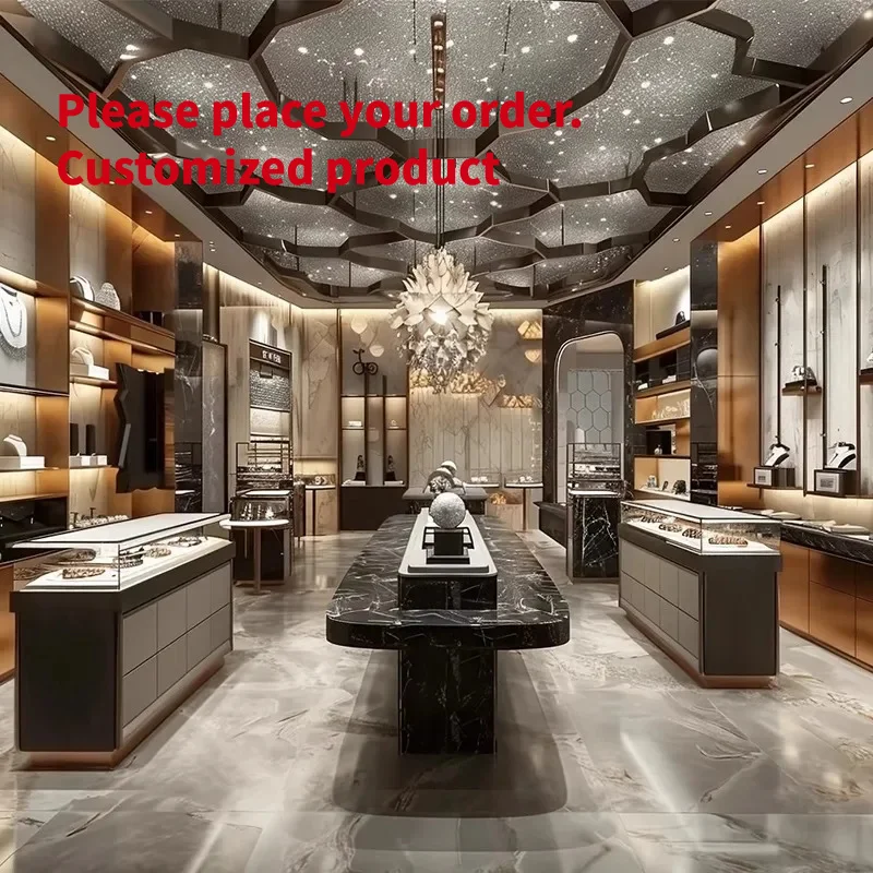 custom.Customized Gold Jade Silver Jewelry Display Cabinet LED Lights Glass Island Counter Mall Use Store Shelves Showcases Muse
