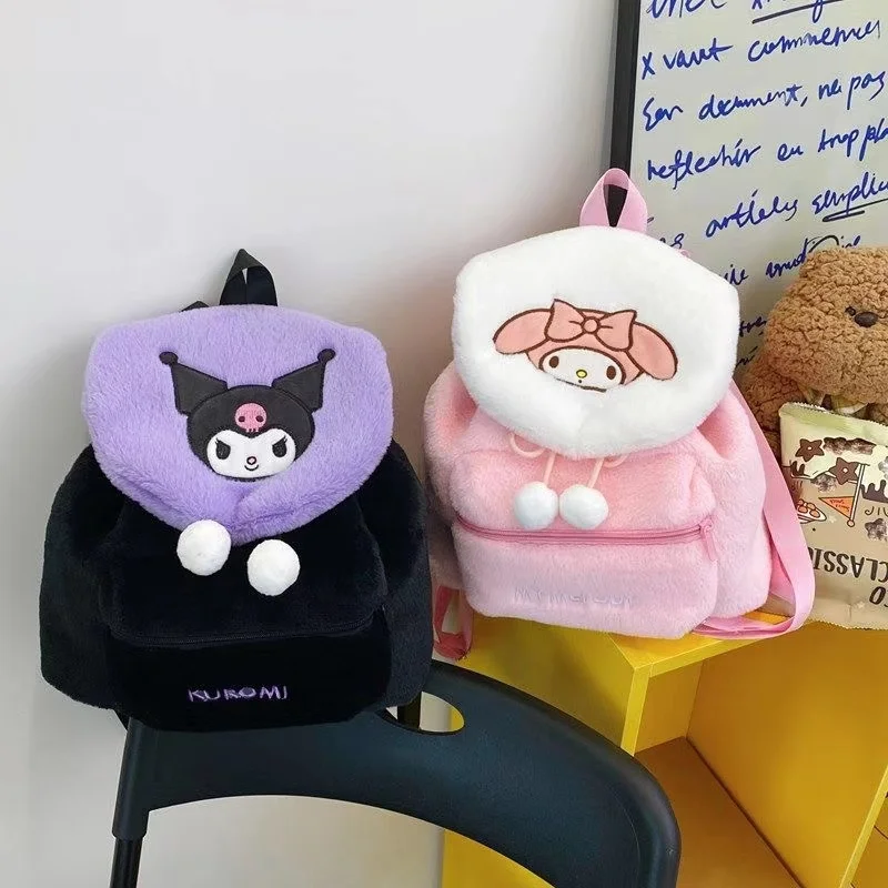 Petit sac à dos en peluche Kuromi Hello Kitty, jolie housse à rabat, initié à l'automne et à l'hiver, grande capacité, doux, nouveau