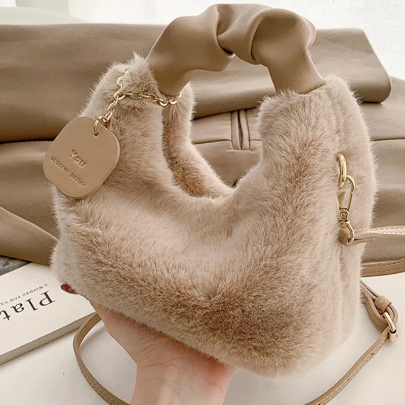 Women Soft Faux Fur Handbags Zipper Small Lady Shoulder Crossbody Bag Casual Tote Half-Moon  Warm Plush Handbag