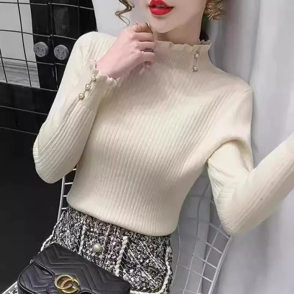 Women Fleece Lined Ribbed Knit Top Ruffle Mock Neck Pearl Button Long Sleeve Warm Slim Fit Fall Winter Ladies Base Sweater Shirt