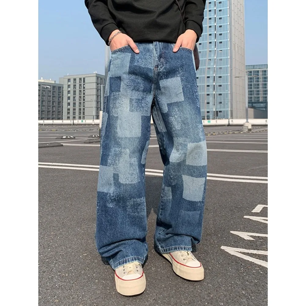 

American Style Straight Leg Pants Men's Fashion Brand Mosaic Checkerboard Jeans Loose Style