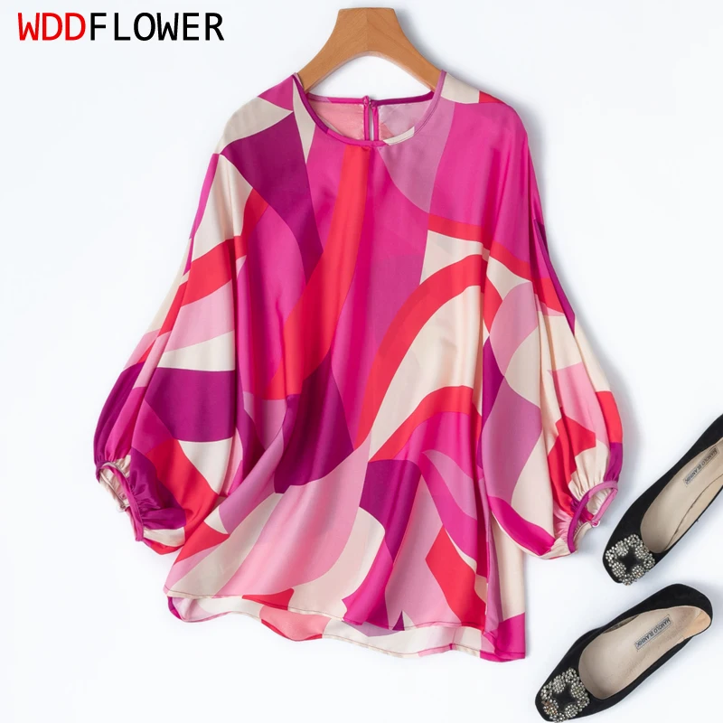 

93% тутовый шелк, 7% спандекс, женская блузка свободного типа, ярко-розовая, с принтом, круглый вырез, рубашка с рукавами-фонариками 3/4, пуловер M1275