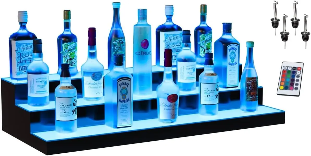 Boss Premium® Barusa™ Led Lighted Bar Shelf Display Liquor Bottle Alcohol Whiskey Shelves Rack Stand Tray Units For Home Bar