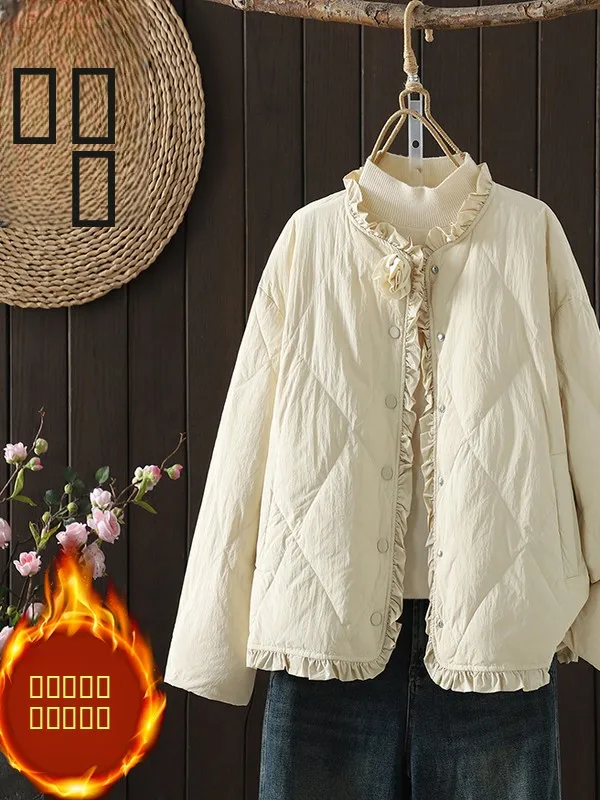 

Women's Winter Cotton Jaet ort Loose Fit Lightweight Wooden Decorated Coat Artistic Sle Long Sve Stand Collar