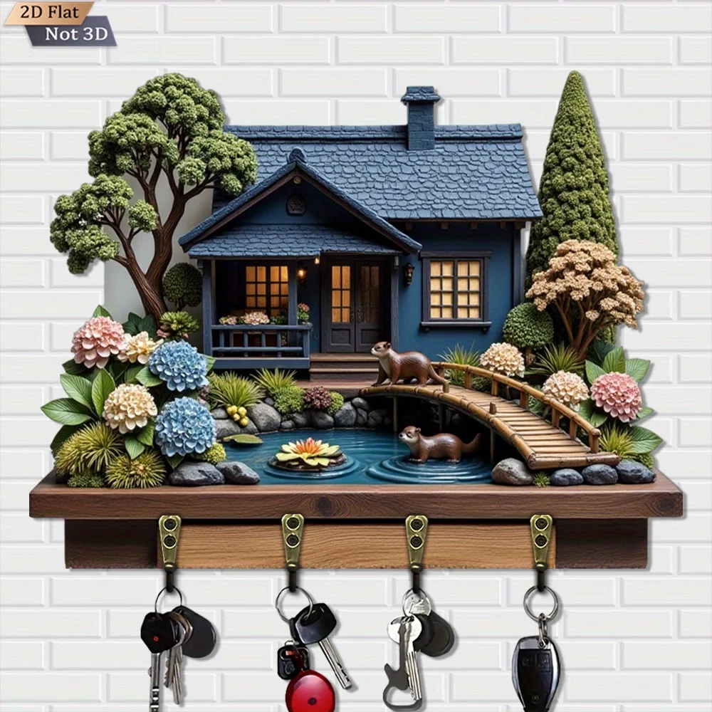 2D Flat Design, 1pc, Otter Pond Cottage Key Hook Wooden Multifunctional Home Key Holder with Four Metal Hooks, Wall Decoration,