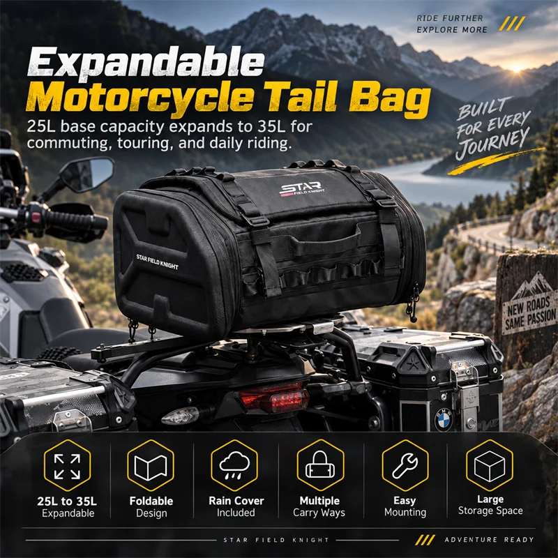 SFK Motorcycle Bag 25L-35L Scalable Rear Seat Pack Foldable Storage Multifunctional Crossbody Bag Outdoor Riding Gears Package