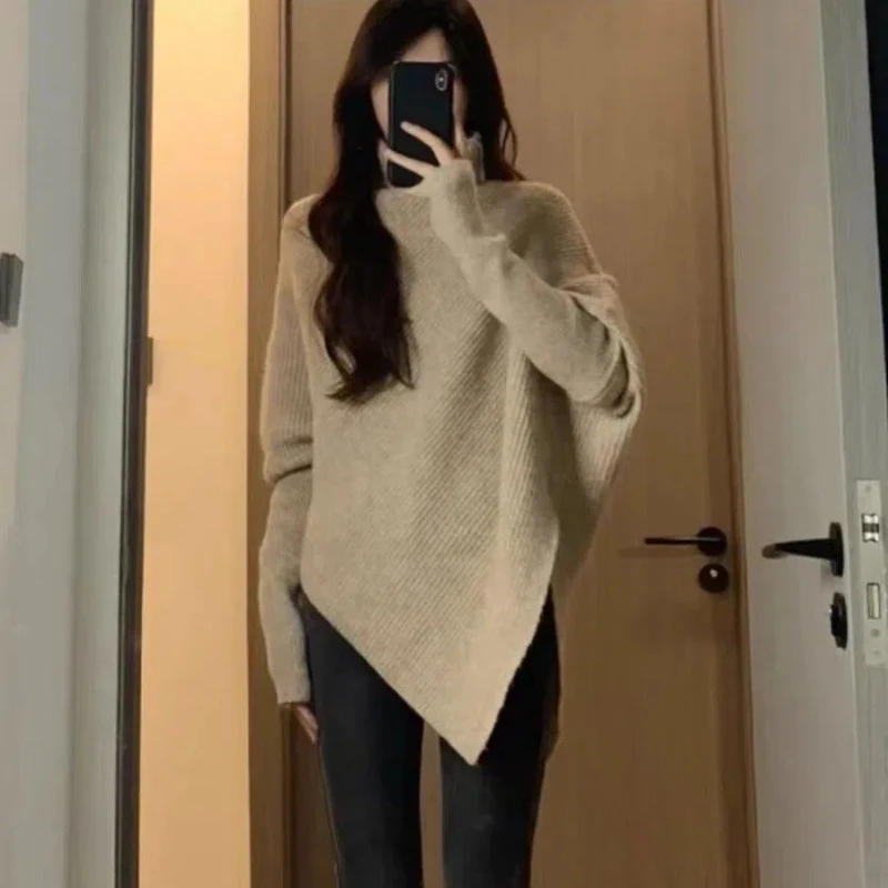 2024 Autumn Winter Solid Color Gentle Bat Sleeve Design Sweater Irregular High Collar Sweater Korean New Lazy Knitted Pullovers