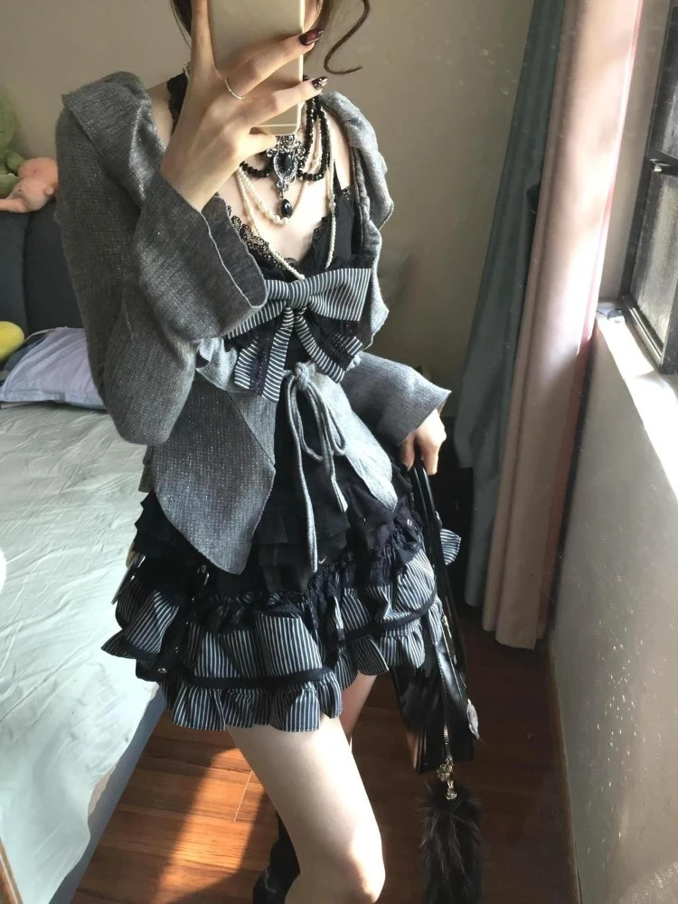 

Sweet Bow Lace Slim Fit Camisole Vest+ Long Sleeve Cardigan Coat Women+ High Waist Cake Skirts 2025 Spring Three Piece Sets