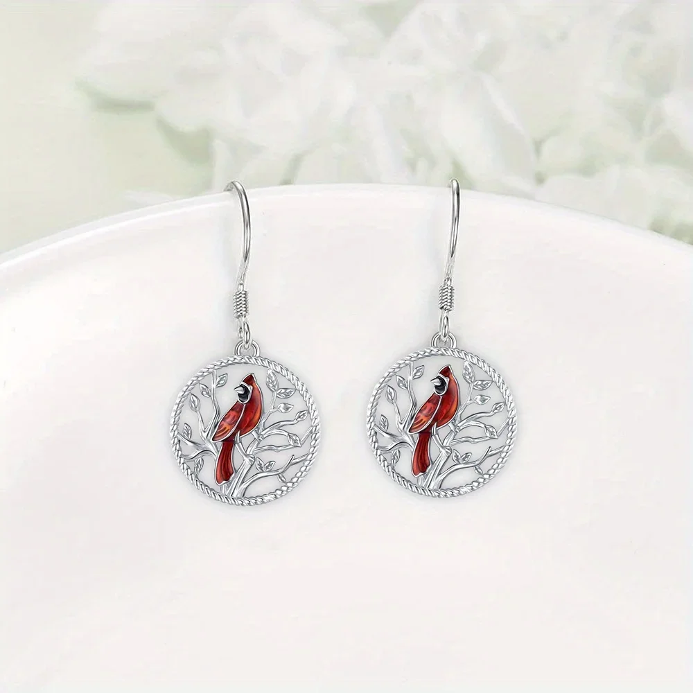 Fashion Creative Cardinal Bird and Tree-shaped Dangle Earrings, Birthday Holiday Gift for Family and FriendAnniversary Party Gif