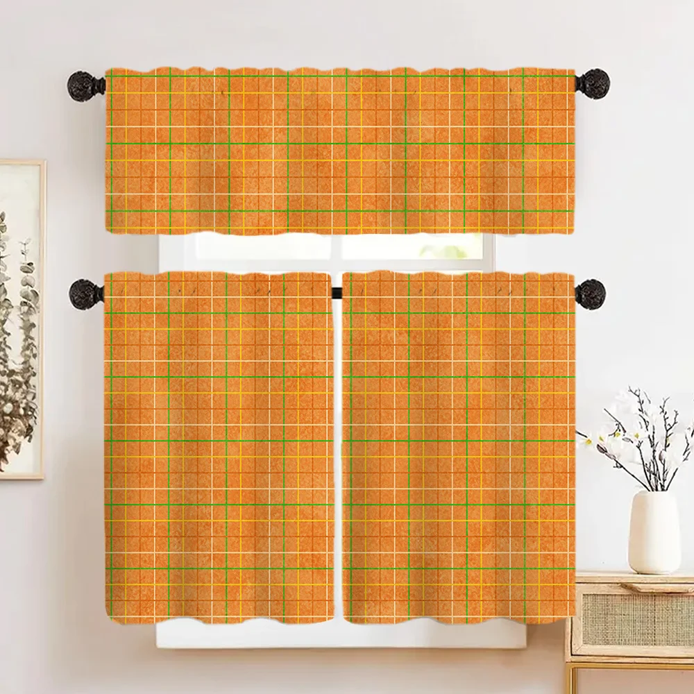  Orange Green Line Plaid Kitchen Curtain, Geometric Checkered Pattern Window Treatment for Kitchen Bathroom Cafe Decor