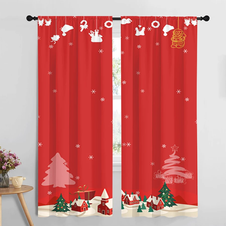 2PCS Christmas Digital Print Curtains, Red Background Small Christmas Trees Bottom, Simple for Living Room Bedroom Window Decor