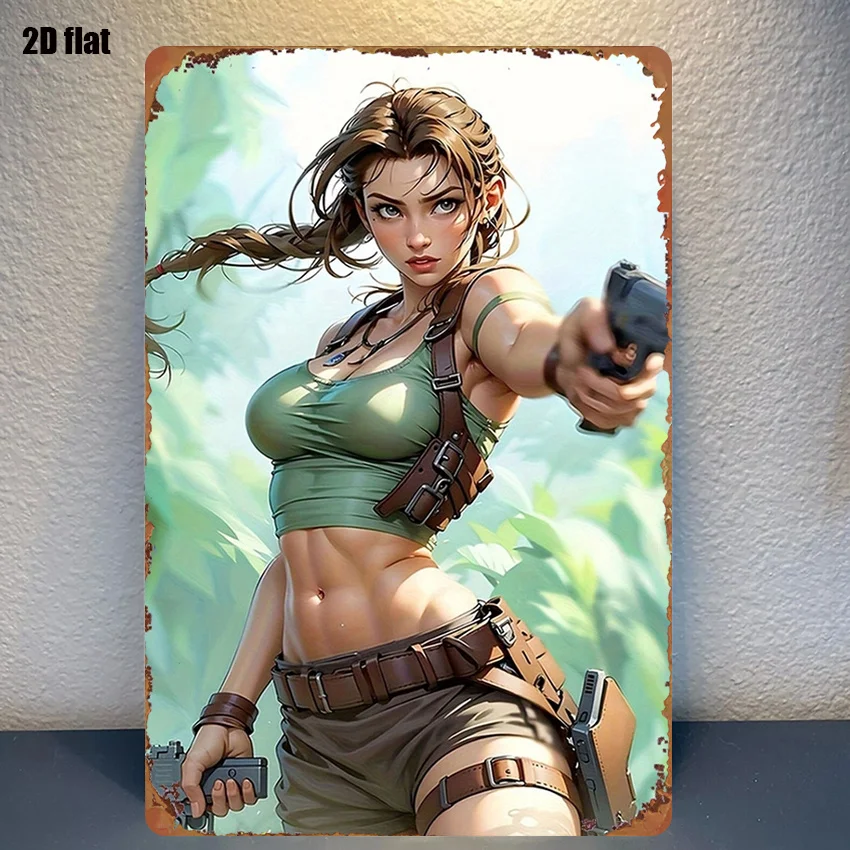 Vintage 2D Flat Lara Croft Tomb Raider Character in Green Tank Top & Adventure Outfit Tin Sign - Retro Jungle Adventure Portr