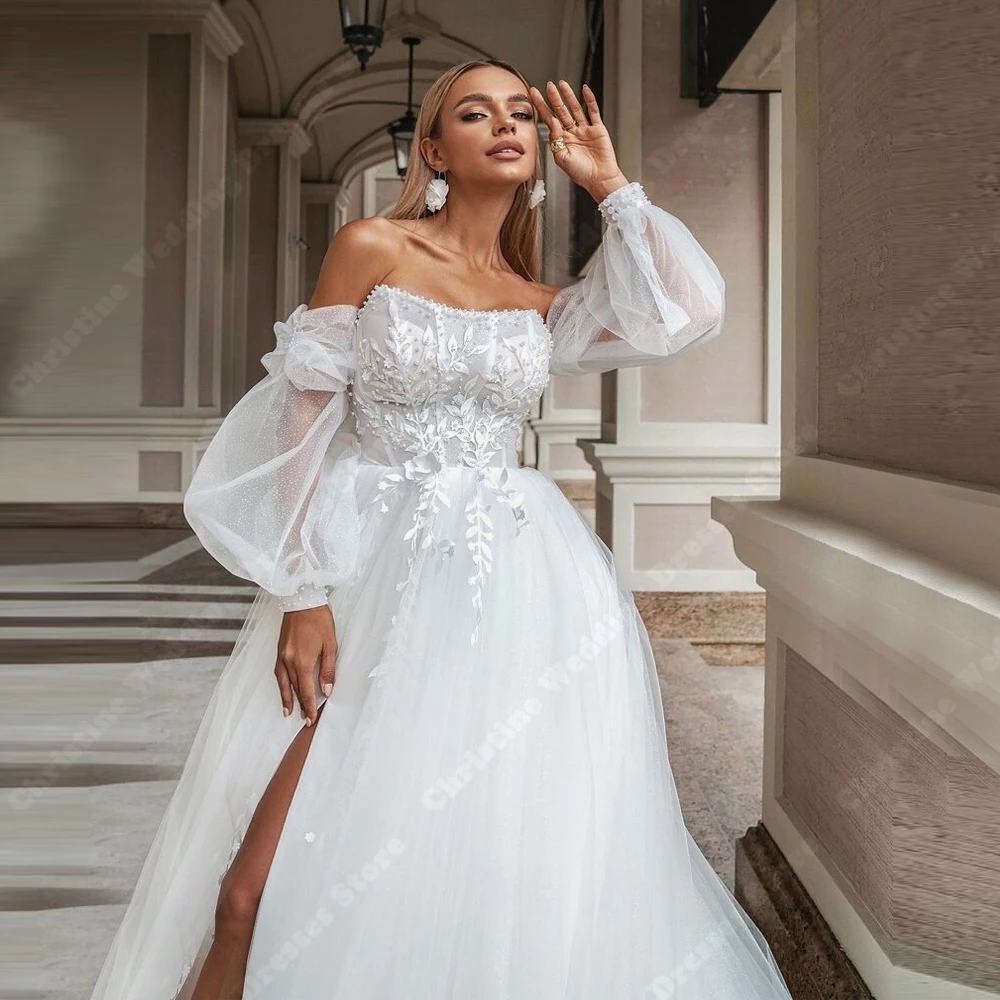 Robes De mariée élégantes pour femmes, épaules dénudées, dentelle imprimée, ligne a, longueur De nettoyage, robe De princesse personnalisée