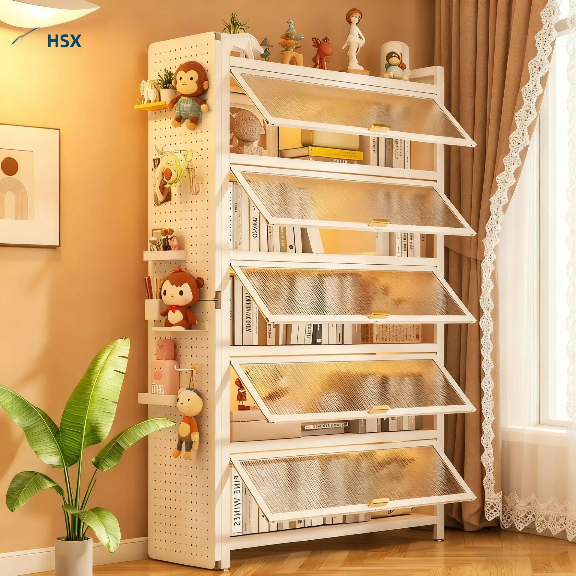 steel-bookcase-with-door-children's-shelf-integrated-against-wall-dustproof-storage-cabinet-floor-standing-rack-pulling-car
