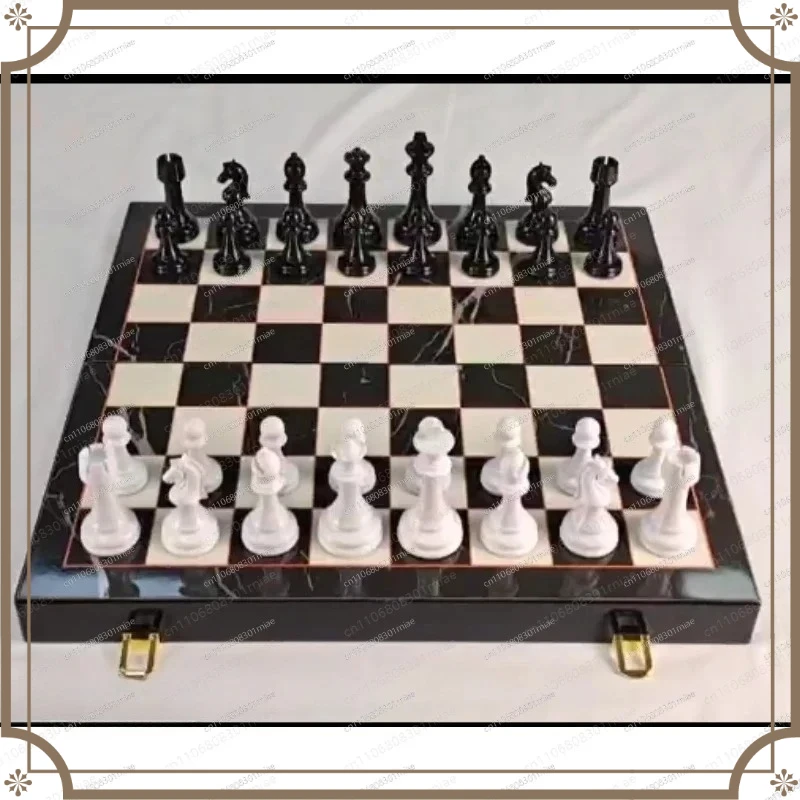 Durable High-End Solid Wood Marble Pattern Chess Set Educational Family Board Game with Storage Box for Kids-YBJ
