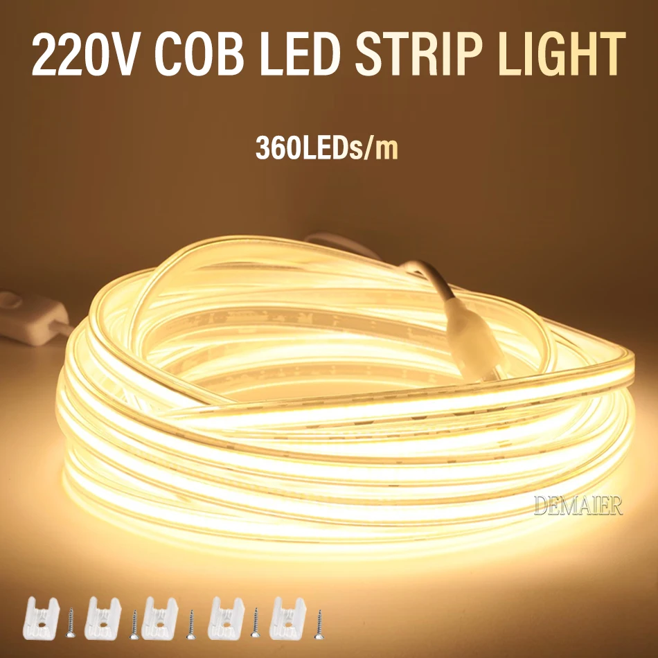 Tira de luces LED COB, cinta Flexible de leds 360/M, 220V, enchufe de la UE RA 90, Blanco cálido, 3000K, 4000K, 6000K, para dormitorio, cocina