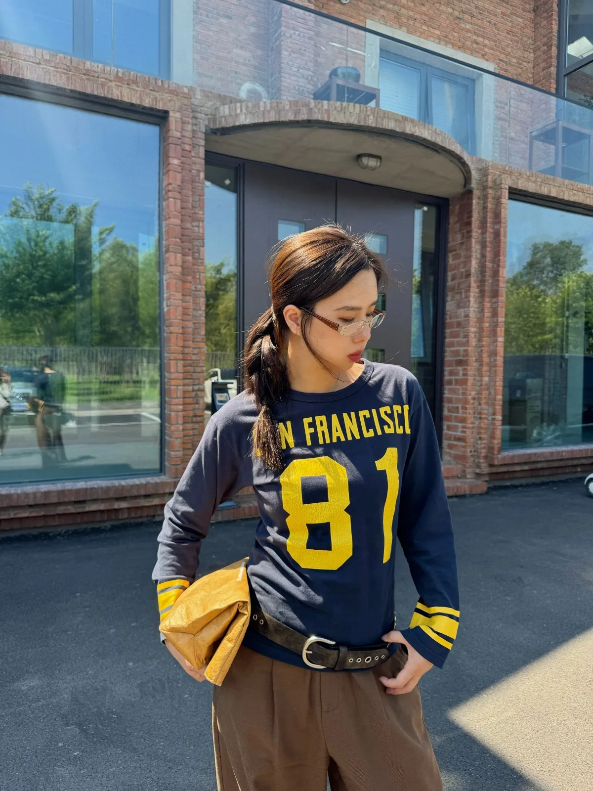 

Acrab Early Autumn American Retro Long Sve Printed T-irt Women Casual Loose Fit Cotton Top Color Blo Qing Huang