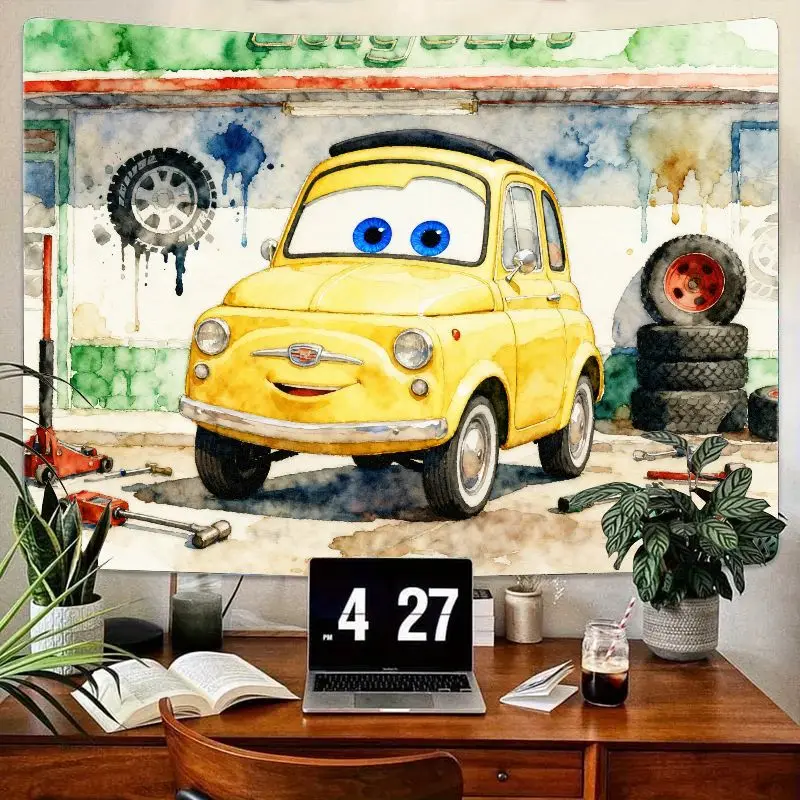 

1 шт. кавайный желтый мультяшный автомобильный гобелен, акварельный настенный рисунок для гаража, современный полиэстер, декор для детской комнаты, подарок для любителей автомобилей