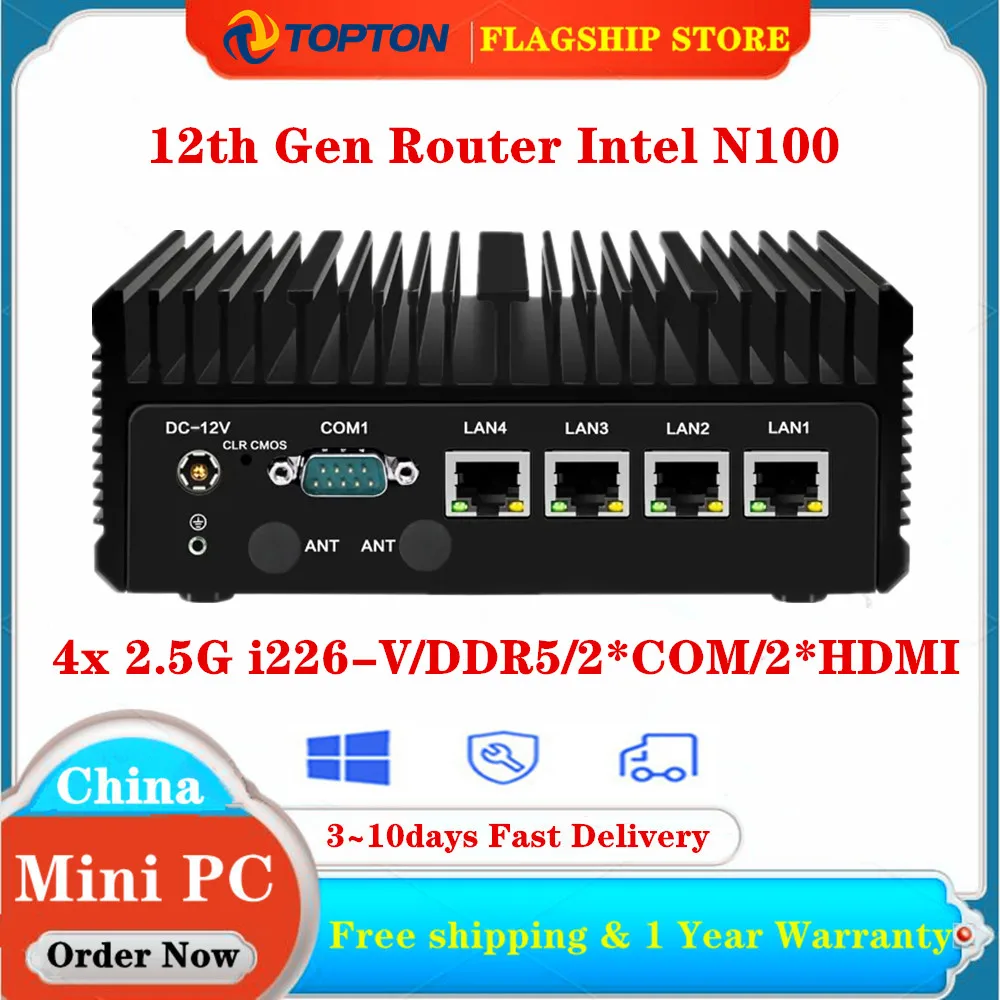 

12th Gen Firewall PC Soft Router Intel N100 4x 2.5G i226-V LAN DDR5 2*COM Industrial Fanless Barebone Mini PC Efficient cooling