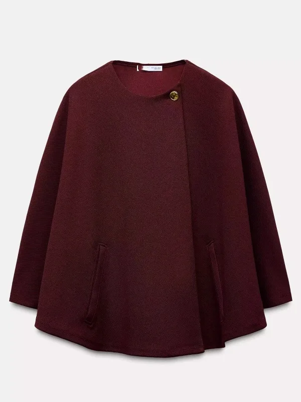 

Spring 2025 New Women's Knitted Cowl Ne Coat Button Decorated round Ne Faionable Cape Outerwear Comfortable Loose Fit