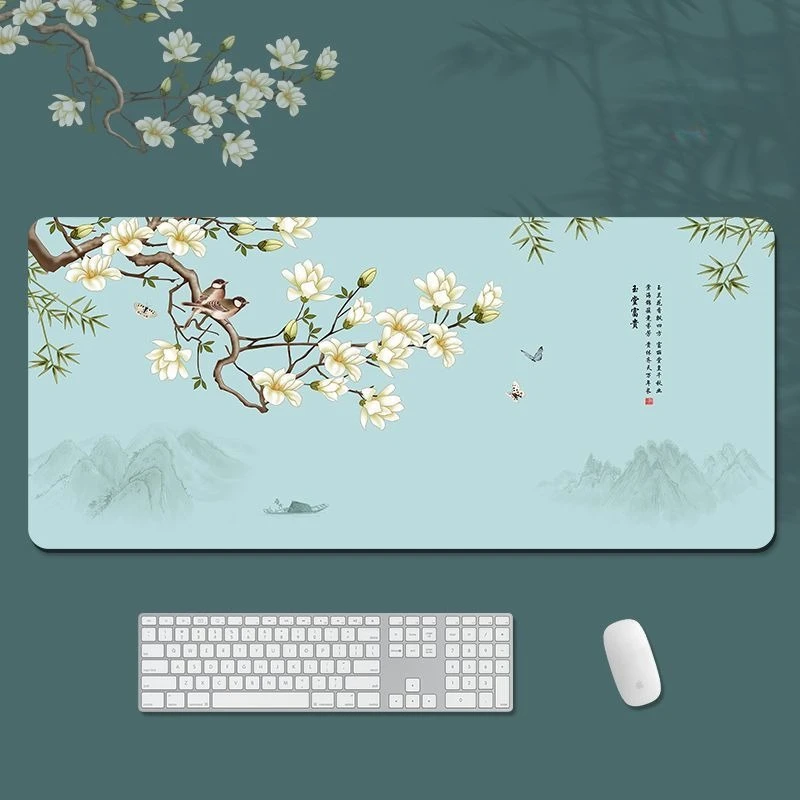

Коврик для мыши с цветочным пейзажем и птицами, 900x400, противоскользящий, резиновый, большой настольный коврик для офиса и дома, для ноутбука и компьютера