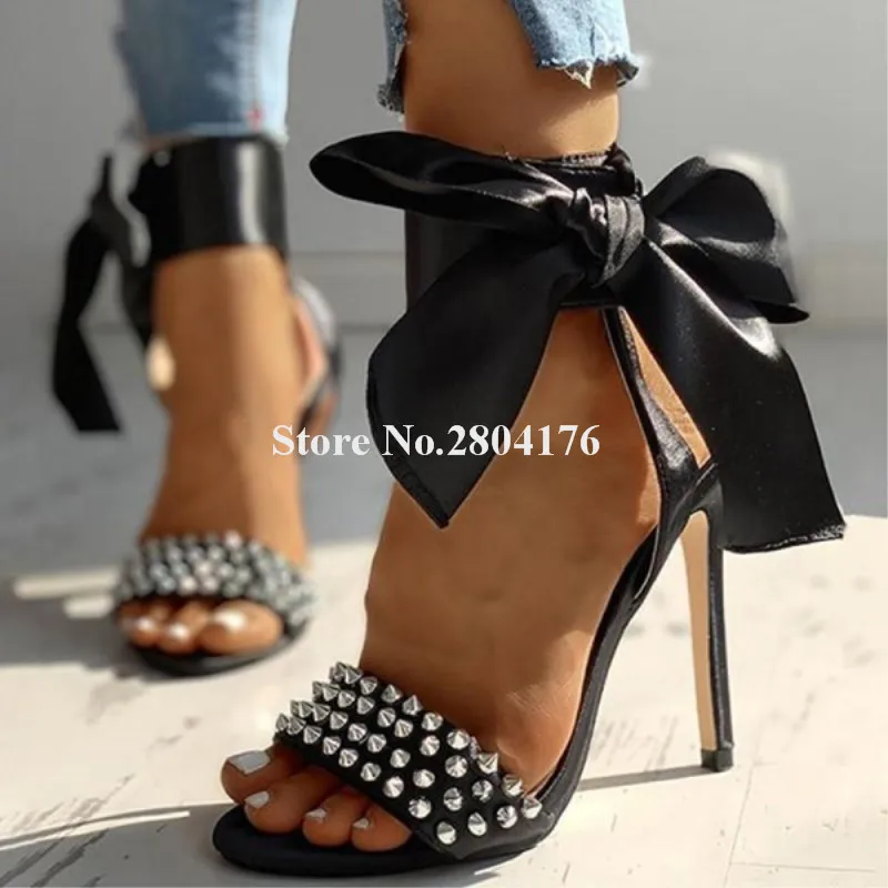 Preto bowtie salto stiletto rebites sandálias wetern moda dedo do pé aberto borboleta studs salto fino sandálias gladiador vestido de salto alto