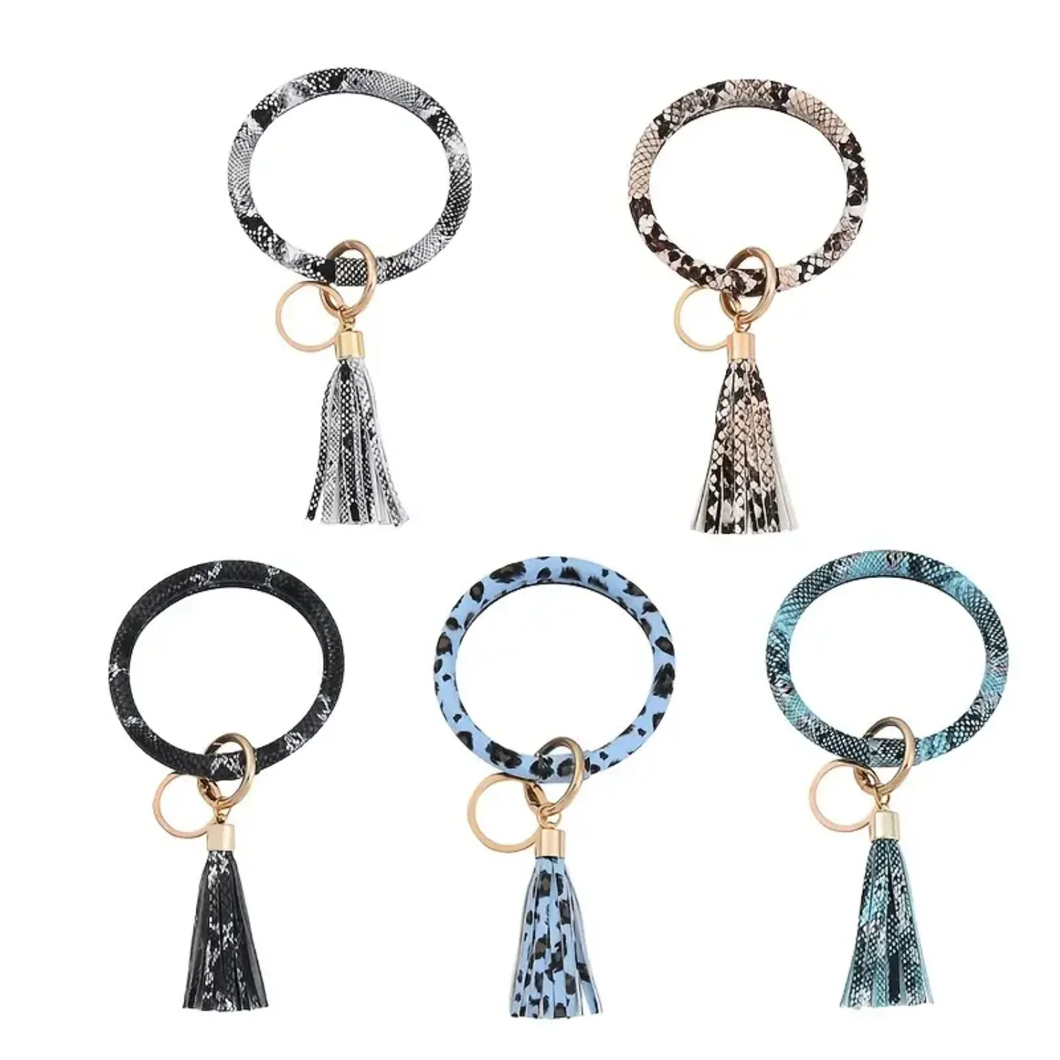 Key Ring Bracelet Wristlet - Leather Tassel Bangle Keychain Holder for Women