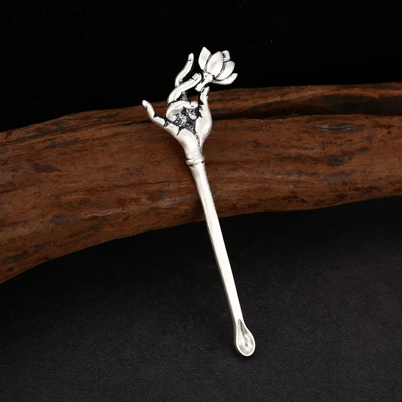 

S999 Sterling Silver Hand Pendant Black Color Old Process Lotus Unisex Fine Jewelry FYNE442