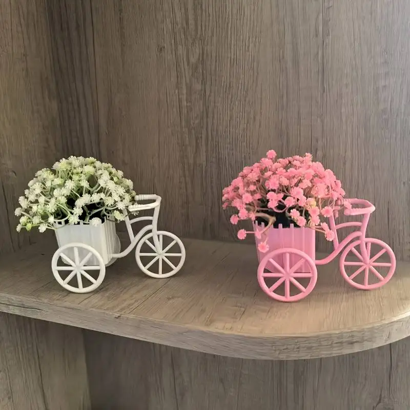 Light Luxury Modern Style Bicycle Flower Basket with Beautiful Artificial Flowers and Baby's Breath, Warm Home Decor for Cabinets, Bookshelves, and Desktops, Birthday, Housewarming, Valentine's Day Gift