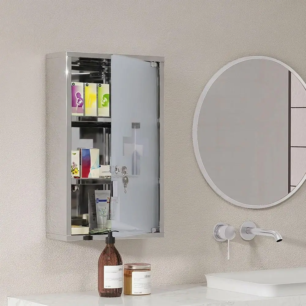 Wall Mounted Medicine Cabinet, Locking Wall Cabinet with 3 Tier Shelves, StainlSteel e and Glass Door, Lockable with 2 Keys, Sil