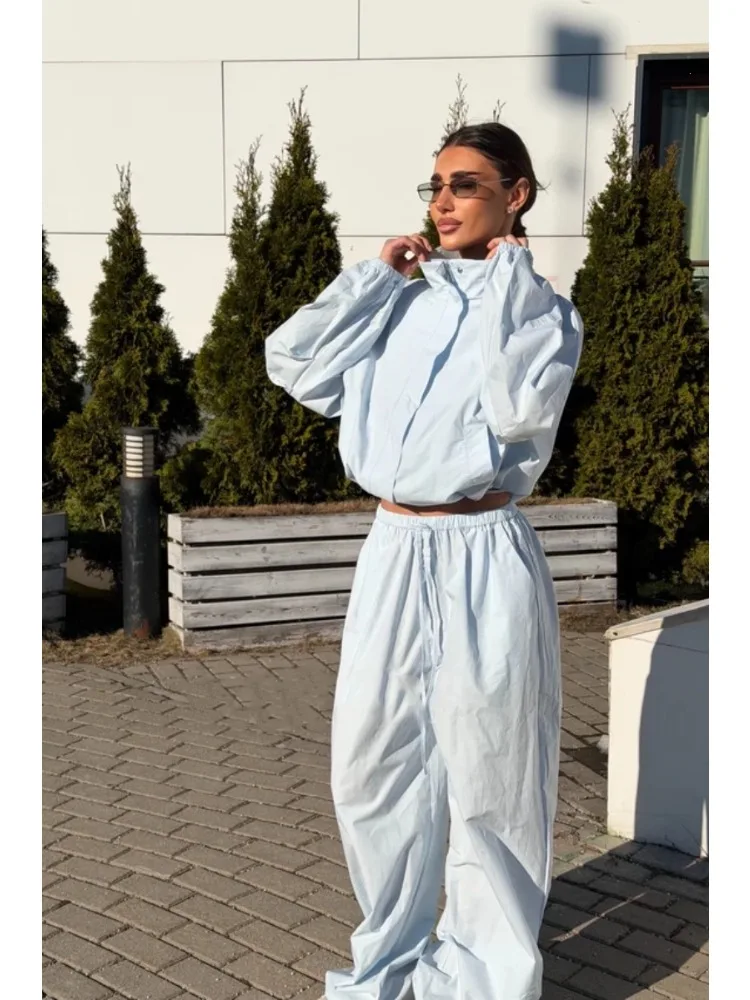 2026 New Women Casual Two Piece Set Loose Standing Collar Zipper Crop Top + Wide Leg Pants Tracksuit Streetwear Pink