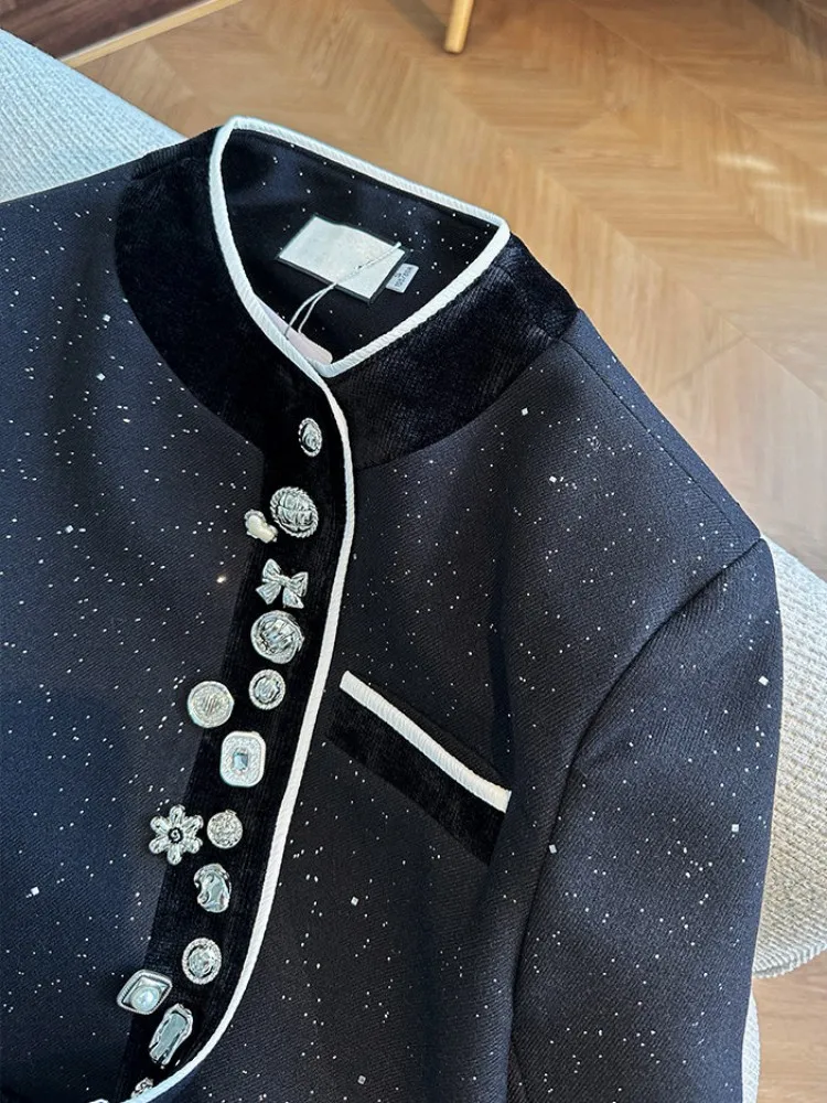 السيدات الجديدة عارضة واسعة الخصر فضفاض مطرزة سترة س الرقبة أبلى مغطاة زر أنيقة المرأة مصمم طويلة الأكمام معطف قصير