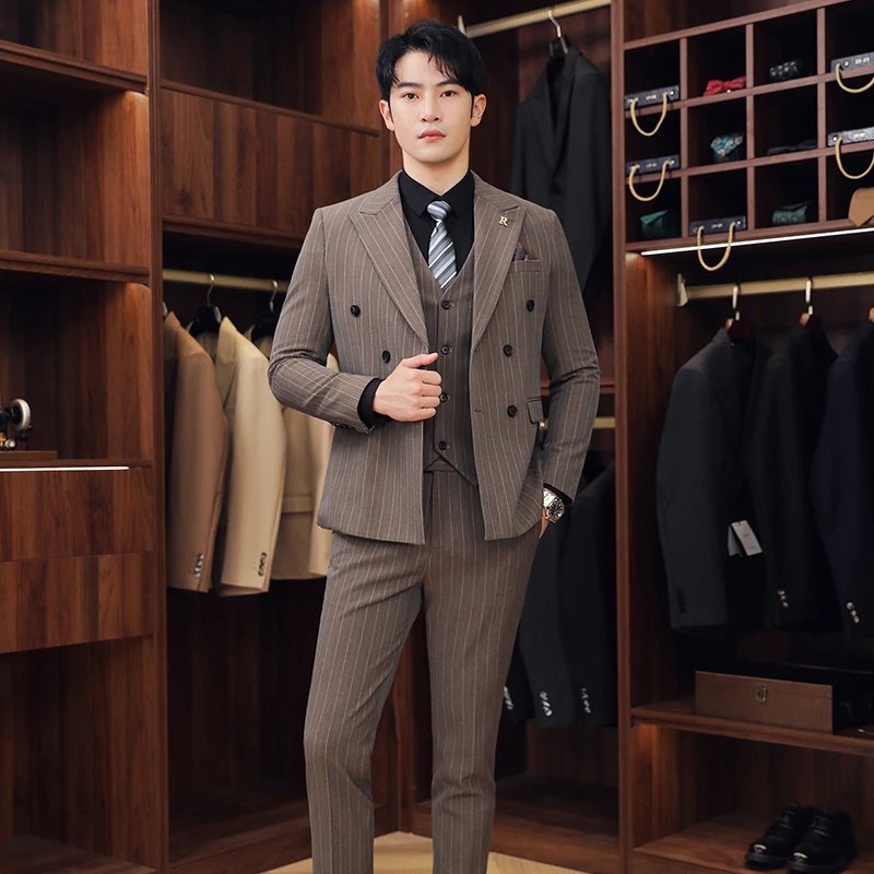 

New Men's Suit Tee-Piece Set Wedding Tuxedo Striped Double-Breasted High-End Feeling Host om Wedding Dr Code